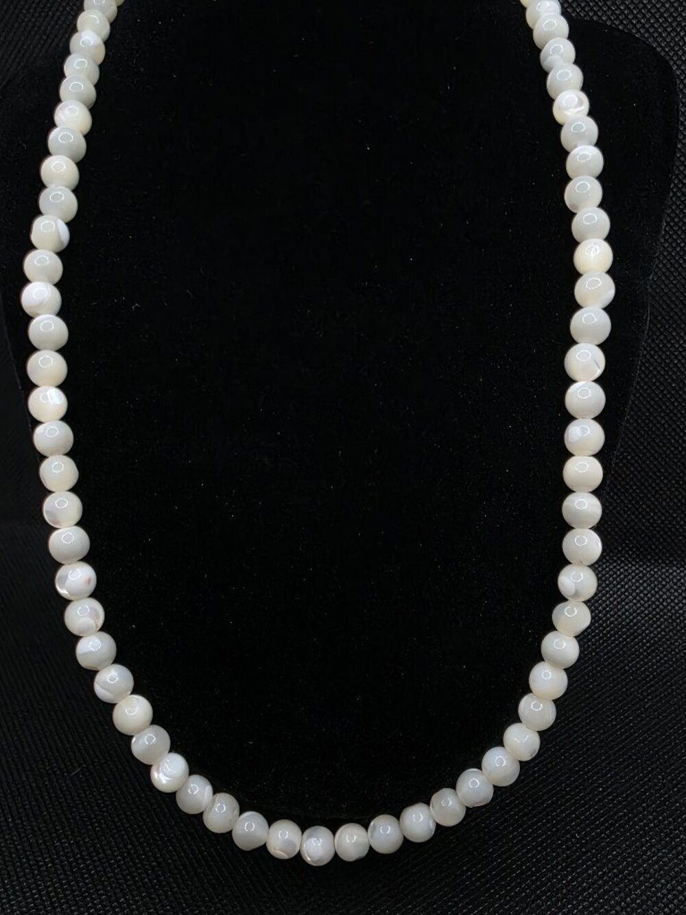 Vintage Mother of Pearl 8mm Bead Necklace 21" White Shell Strand Barrel Clasp